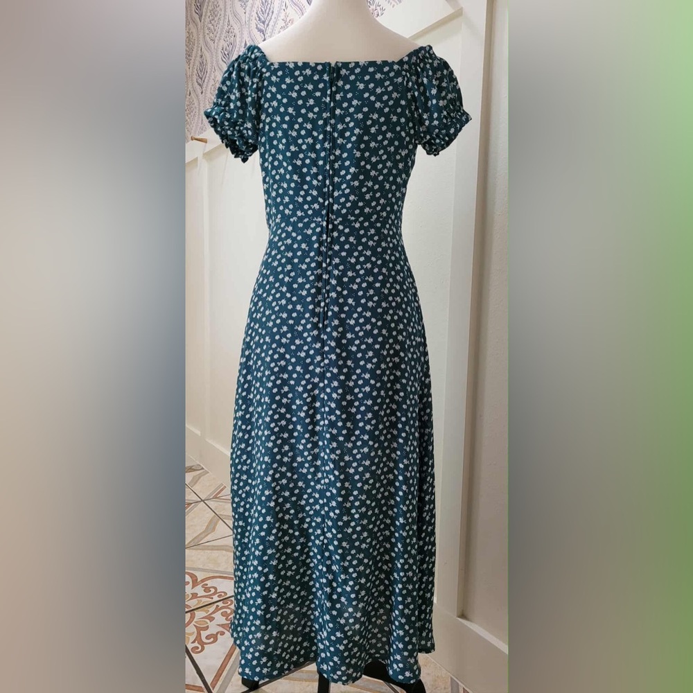 Francesca's Collections Teal Floral Puff Sleeve Mini Dress with Tie Neck - Picture 4 of 4
